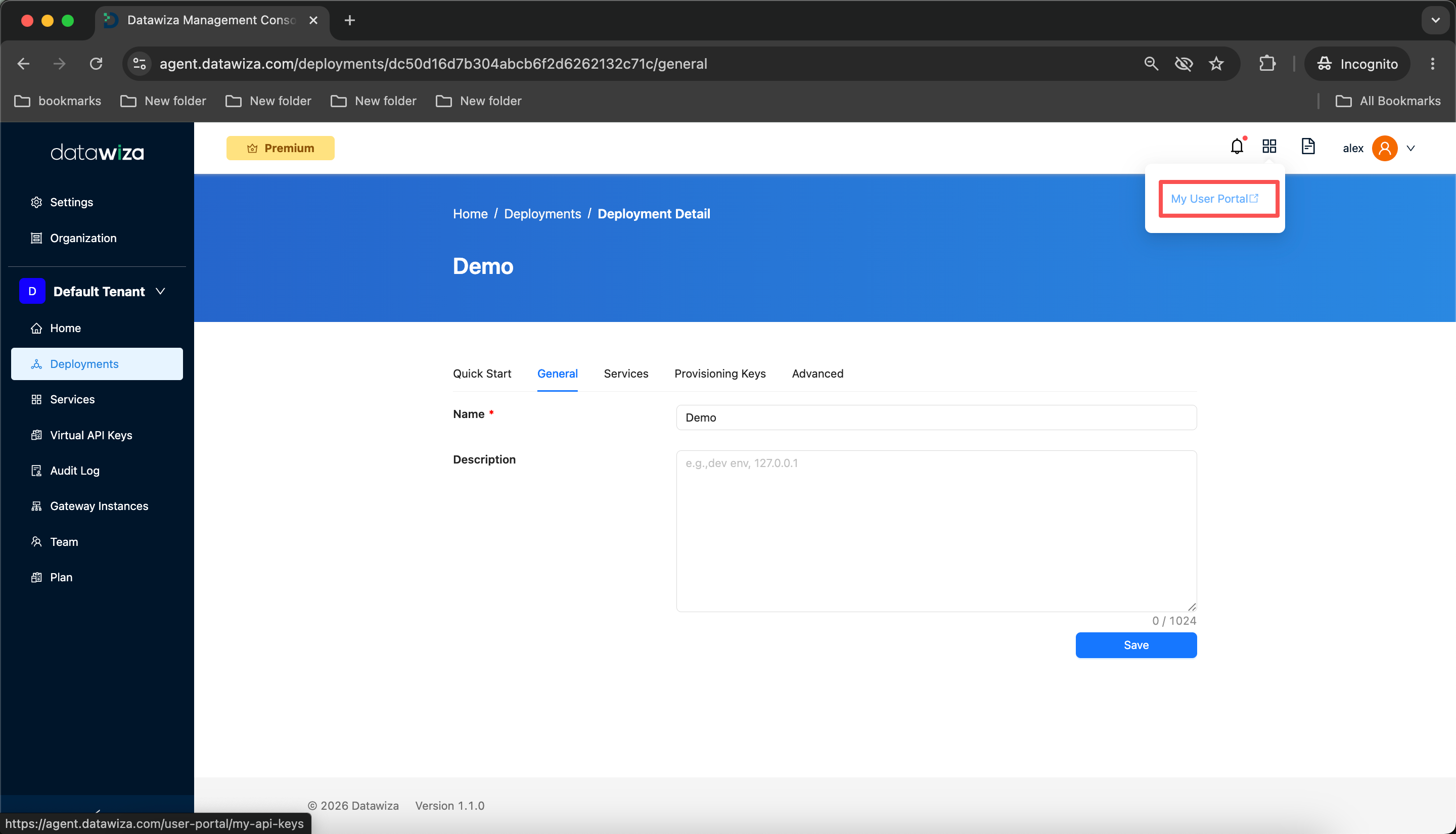 Deployment detail page — My User Portal button in the top right