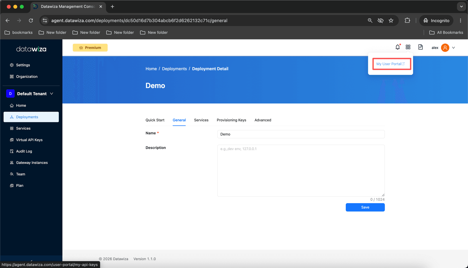 Deployment detail page — My User Portal button in the top right