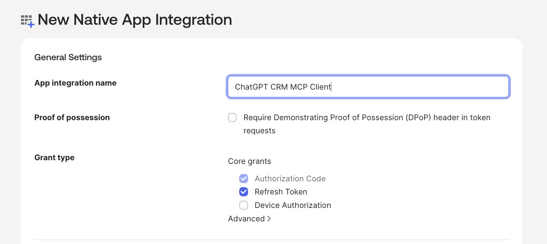 Okta — Create App Integration form for a Native Application