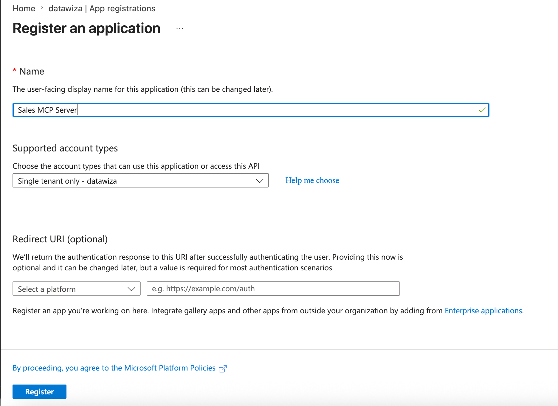 Microsoft Entra ID — New registration form for the Sales MCP Server resource app