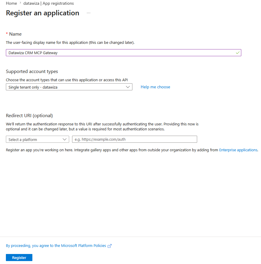 Microsoft Entra ID — New registration form