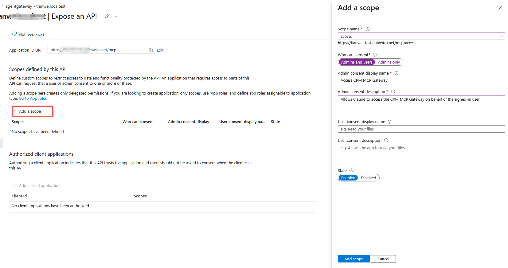 Microsoft Entra ID — Expose an API page showing the access delegated scope