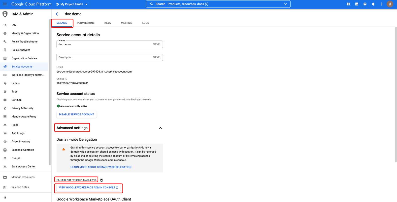 Google Workspace SSO | create service account