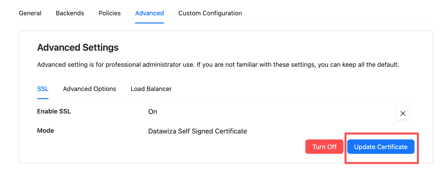 Service Advanced tab in edit mode, showing Turn Off and Update Certificate buttons