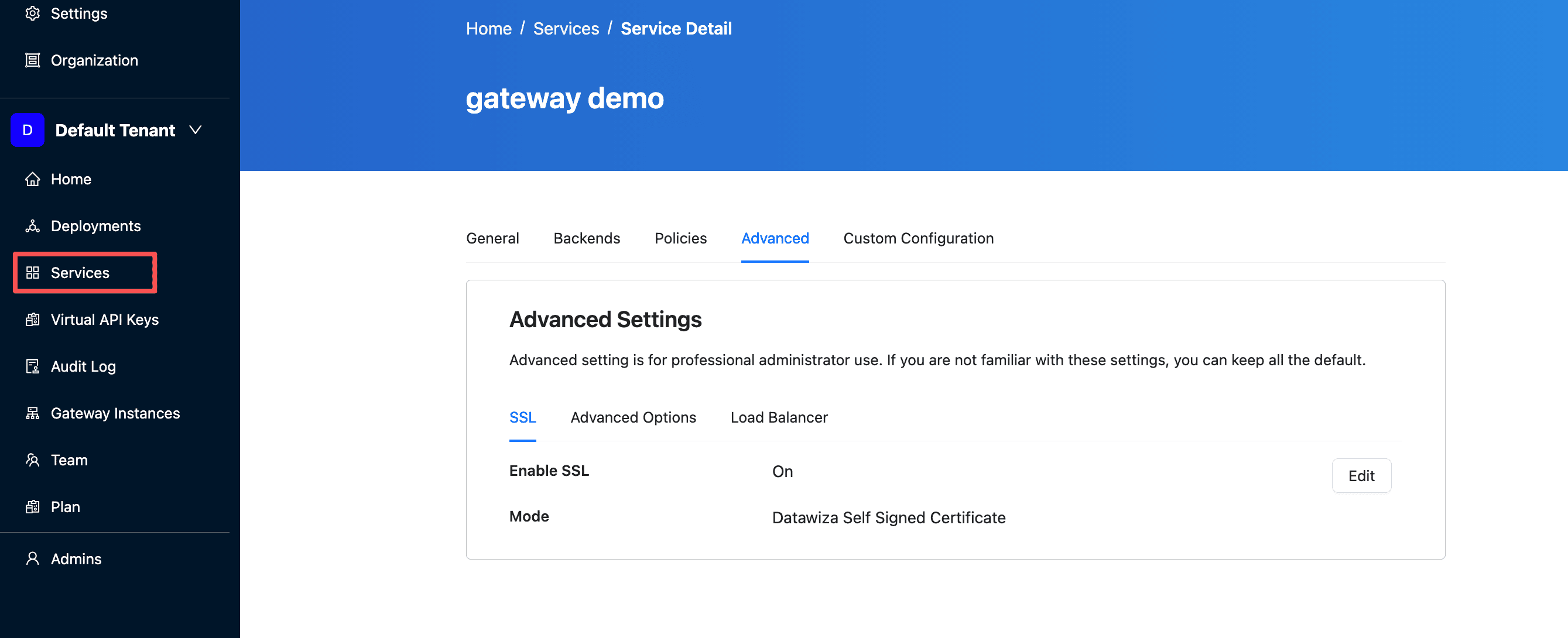 DAGC service detail page — Services in the sidebar, Advanced tab, SSL sub-tab showing the current certificate mode