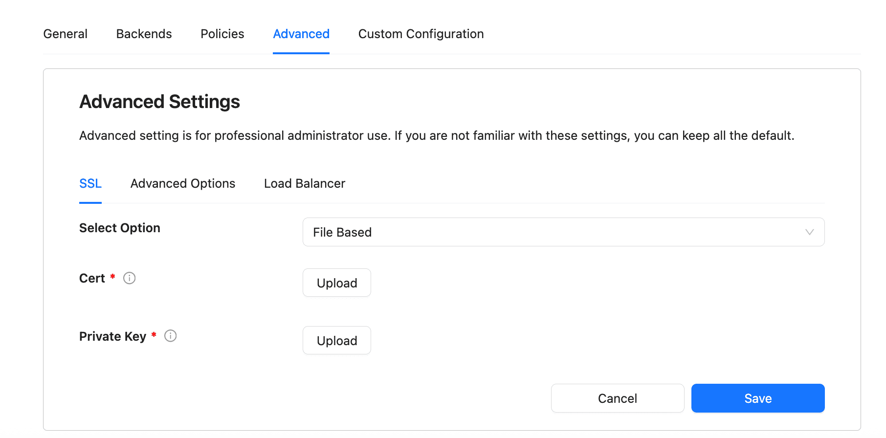 Update Certificate panel — Select Option, Cert, and Private Key upload fields