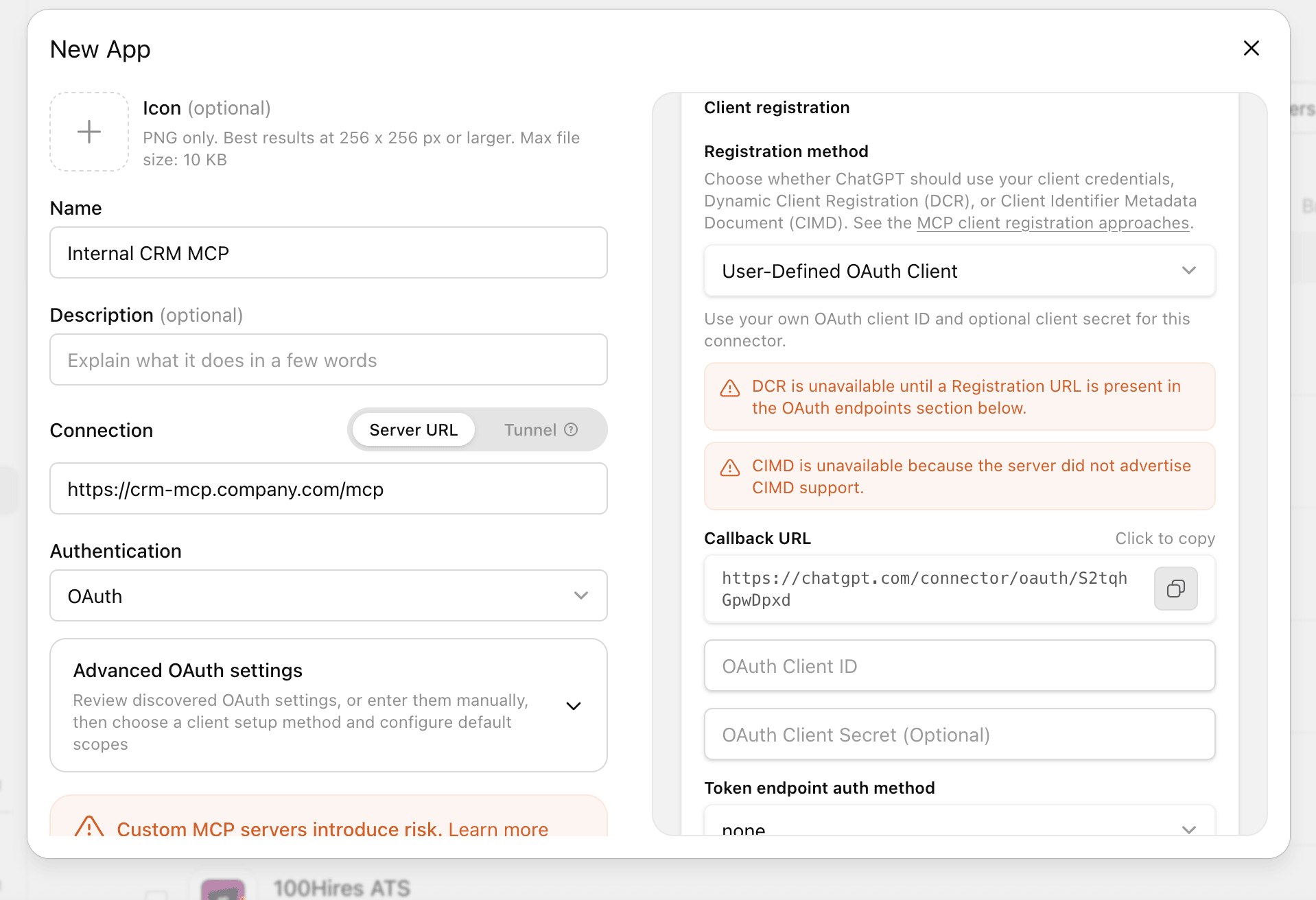 ChatGPT — Create connector form with Advanced OAuth settings expanded, showing the generated Callback URL