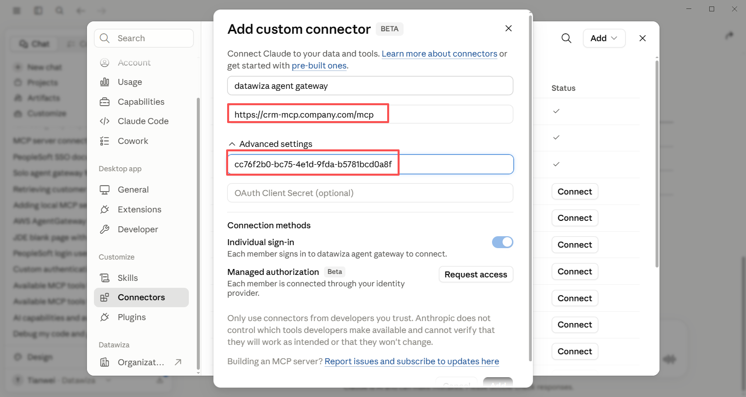 Claude.ai — adding the remote MCP server in Settings > Connectors