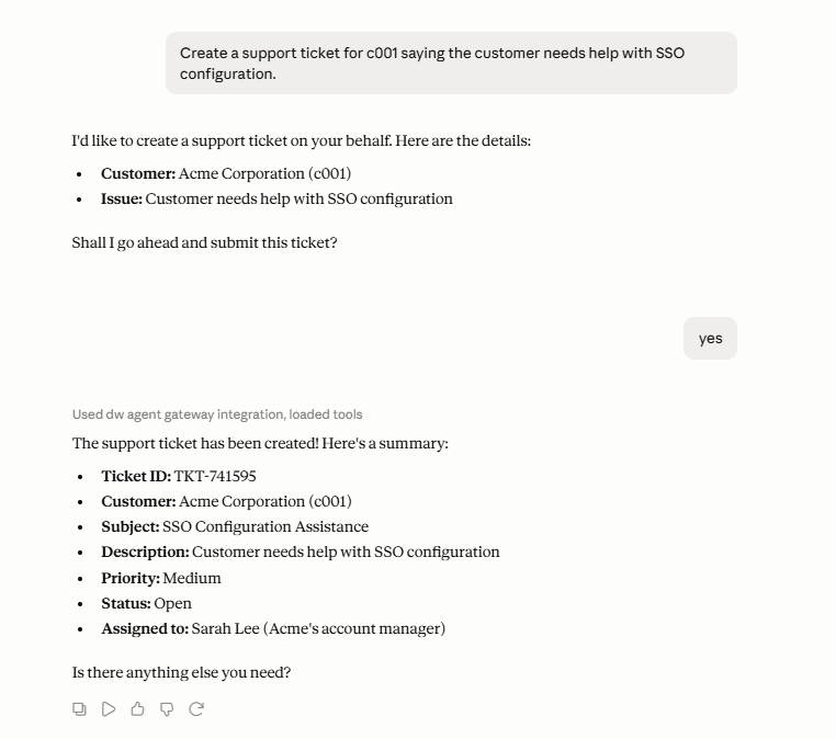 Claude calling create_support_ticket and confirming creation