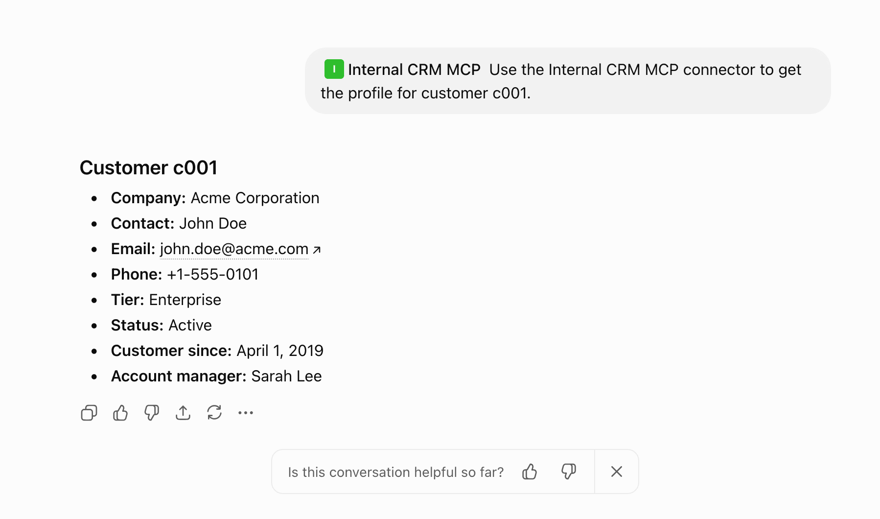 ChatGPT calling get_customer_profile and displaying the result