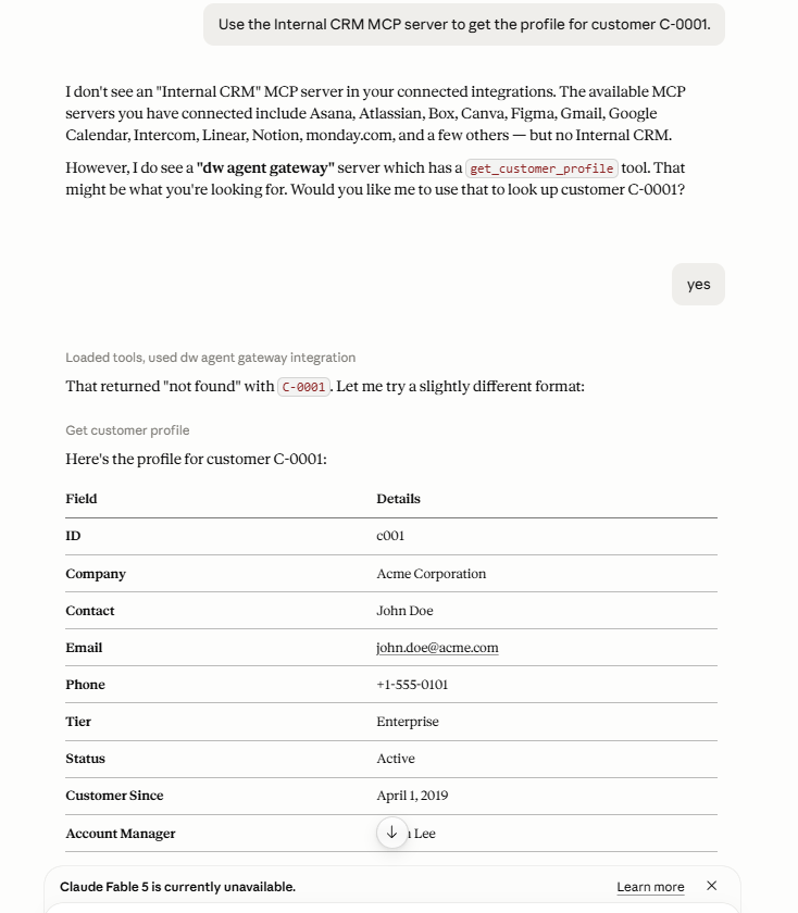 Claude calling get_customer_profile and displaying the result